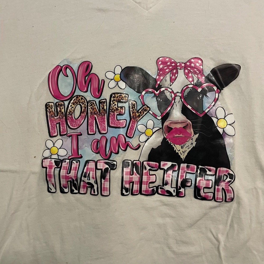 New White V Neck Graphic Tee Oh Honey I Am That Heifer‎ Cow Print Funny S